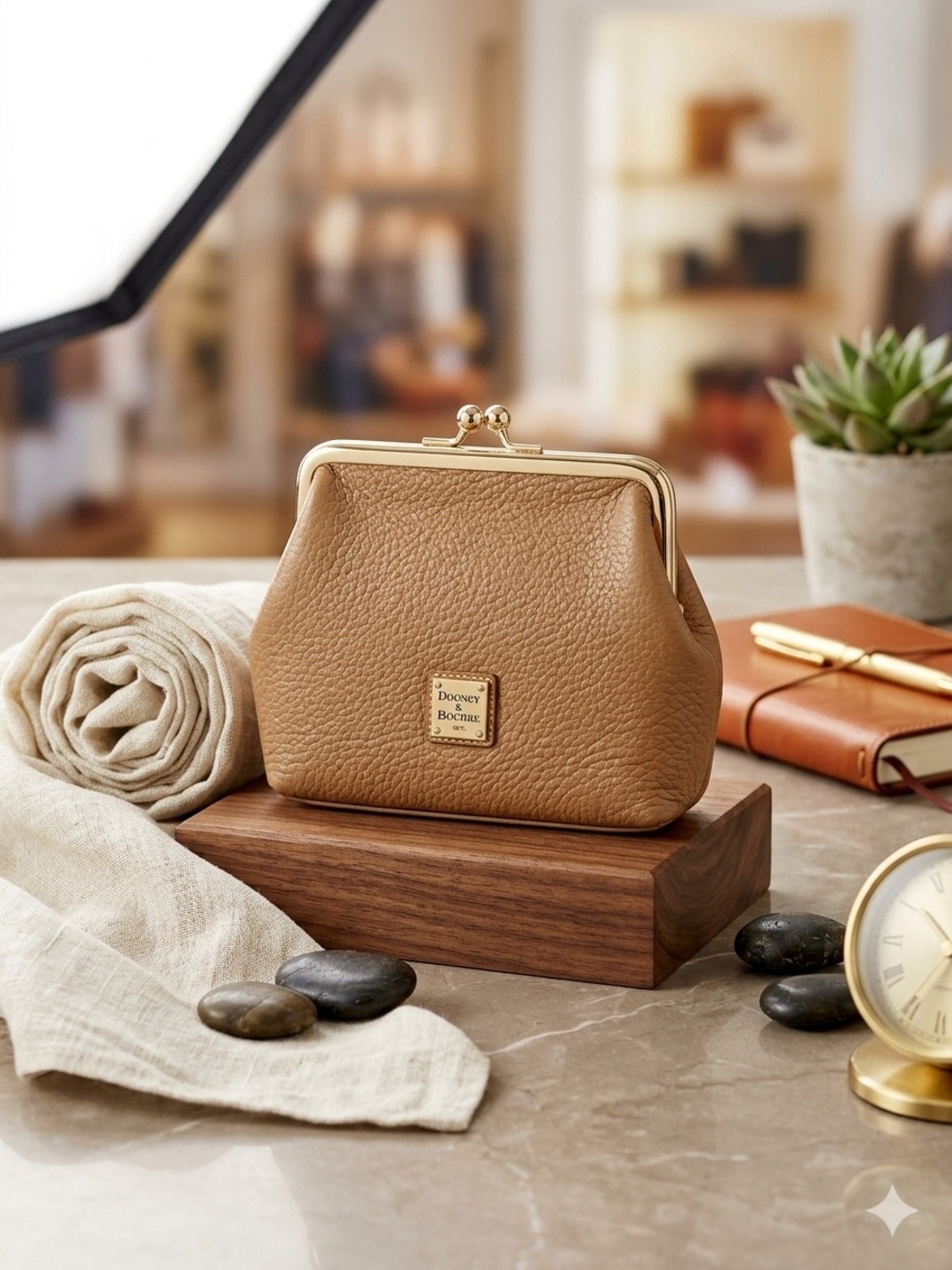 Dooney & Bourke Taupe Pebbled Leather Kiss-Lock Mini Bag with Gold Hardware